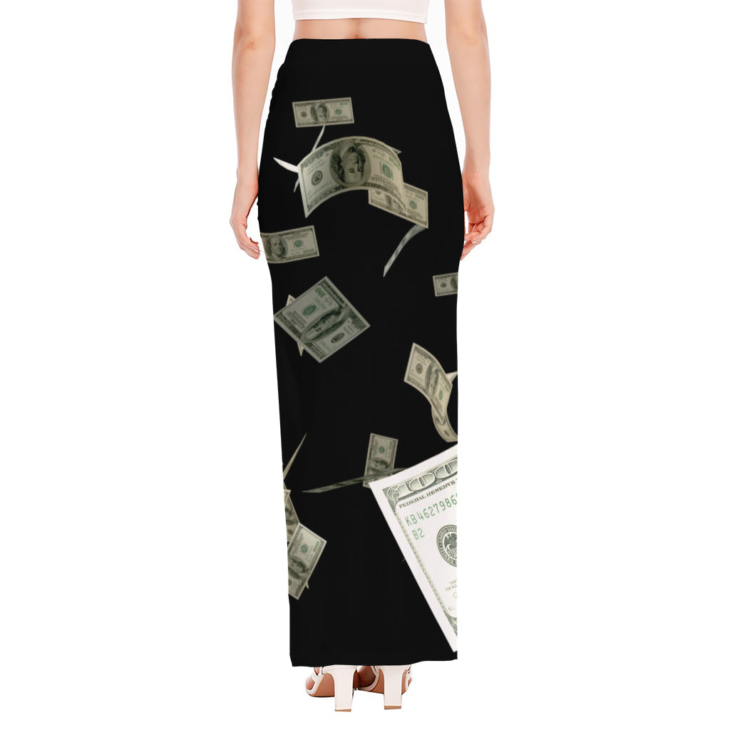 Flying US Dollar Print High Slit Maxi Skirt