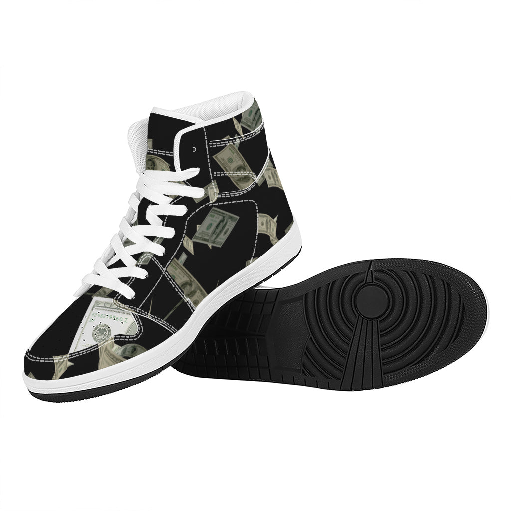 Flying US Dollar Print High Top Leather Sneakers