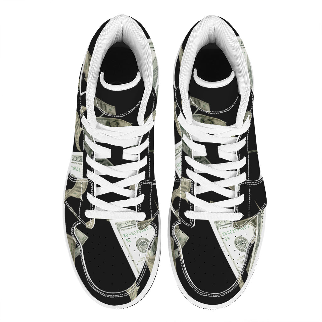 Flying US Dollar Print High Top Leather Sneakers