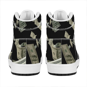 Flying US Dollar Print High Top Leather Sneakers