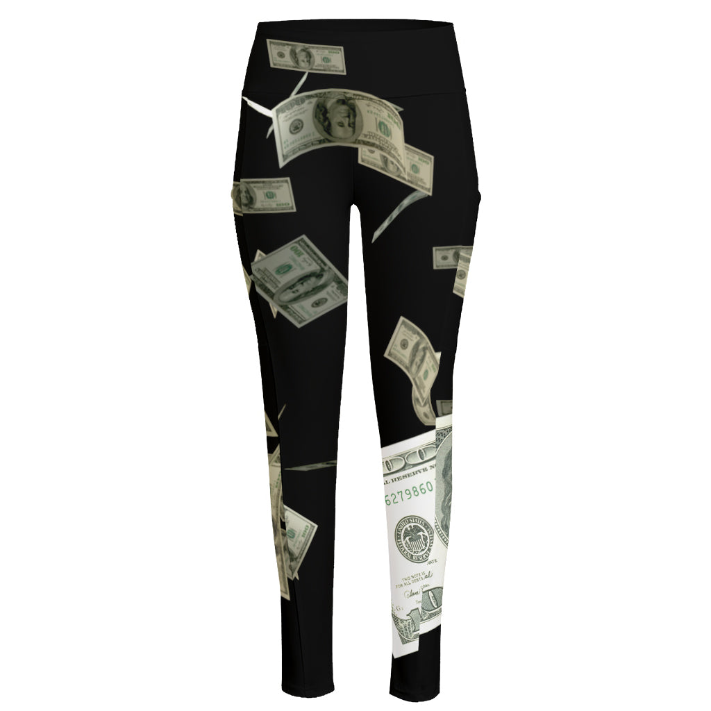 Flying US Dollar Print High-Waisted Pocket Leggings