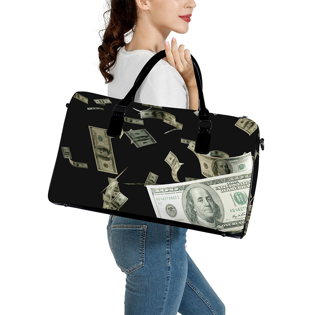 Flying US Dollar Print Leather Duffle Bag