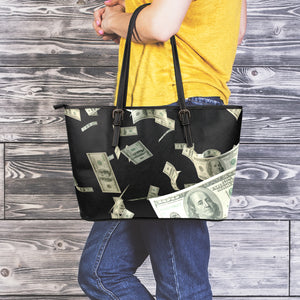 Flying US Dollar Print Leather Tote Bag