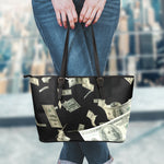 Flying US Dollar Print Leather Tote Bag