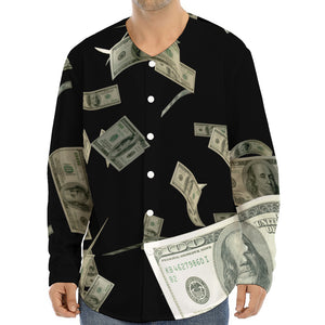 Flying US Dollar Print Long Sleeve Baseball Jersey