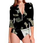 Flying US Dollar Print Long Sleeve Swimsuit