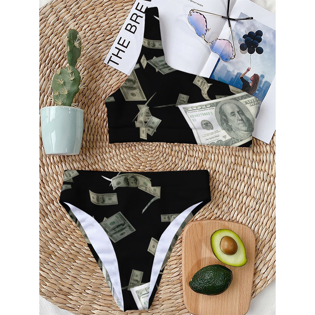 Flying US Dollar Print One Shoulder Bikini Top