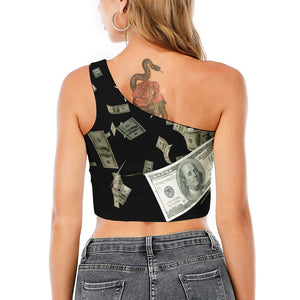 Flying US Dollar Print One Shoulder Crop Top