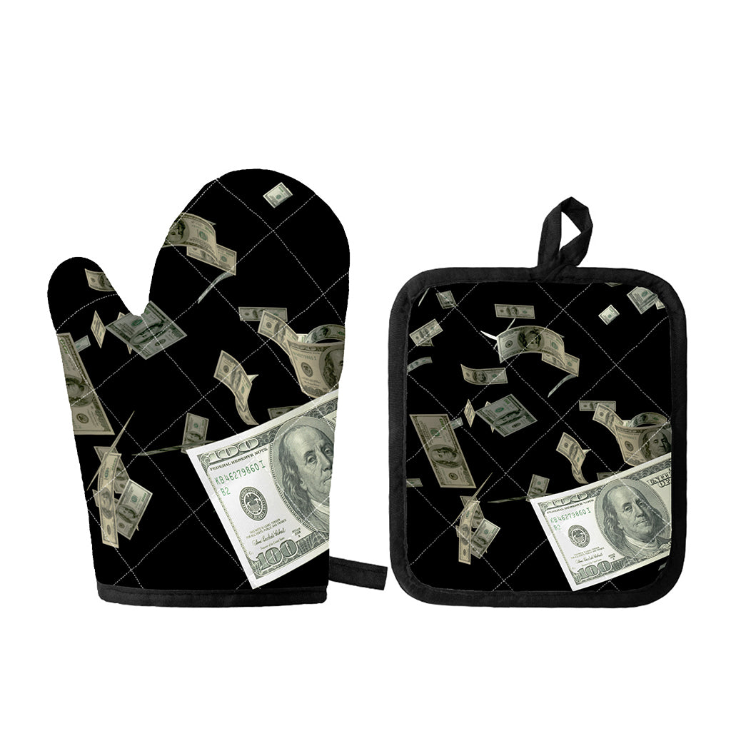 Flying US Dollar Print Oven Mitt And Pot Holder Set