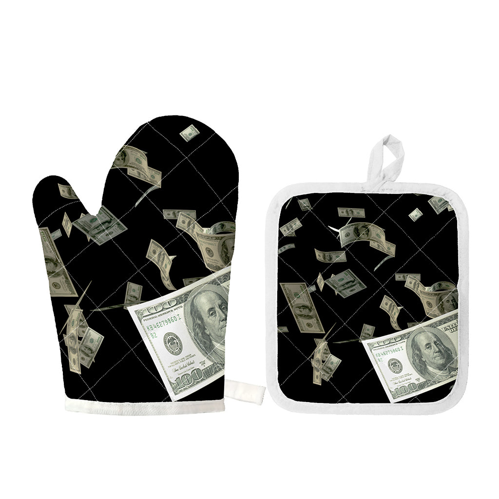 Flying US Dollar Print Oven Mitt And Pot Holder Set