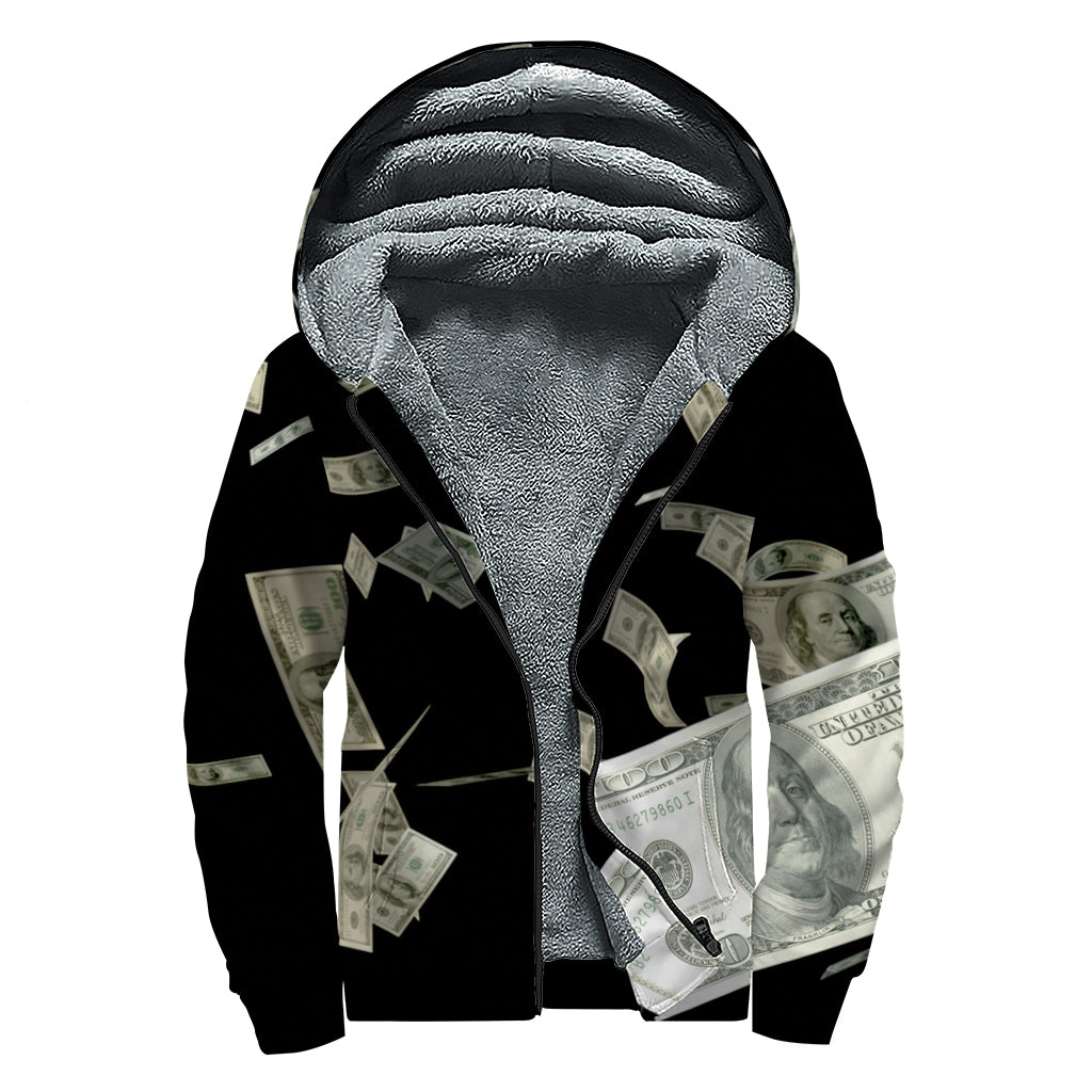 Flying US Dollar Print Sherpa Lined Zip Up Hoodie