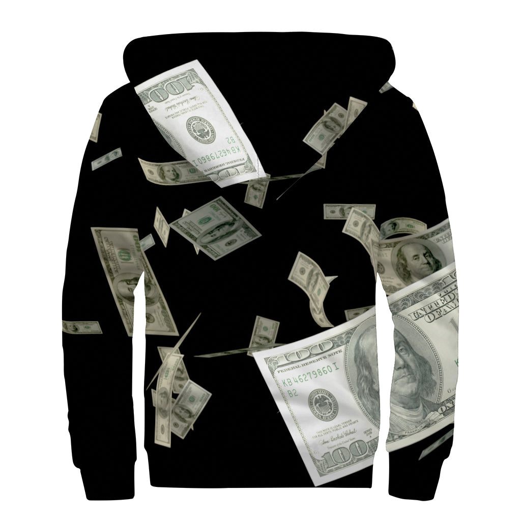 Flying US Dollar Print Sherpa Lined Zip Up Hoodie