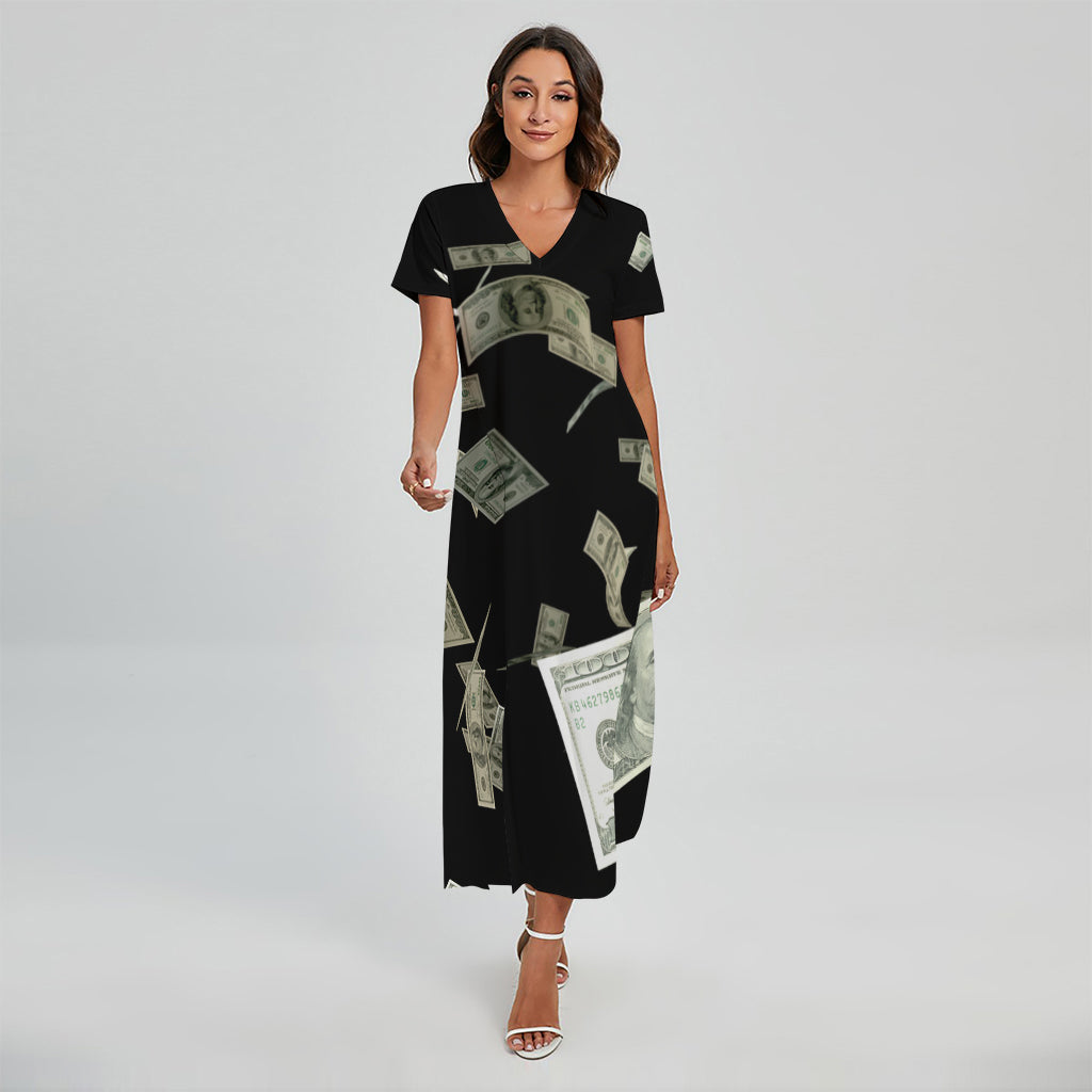 Flying US Dollar Print Short Sleeve Maxi Dress