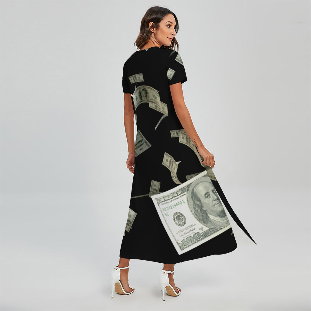 Flying US Dollar Print Short Sleeve Maxi Dress