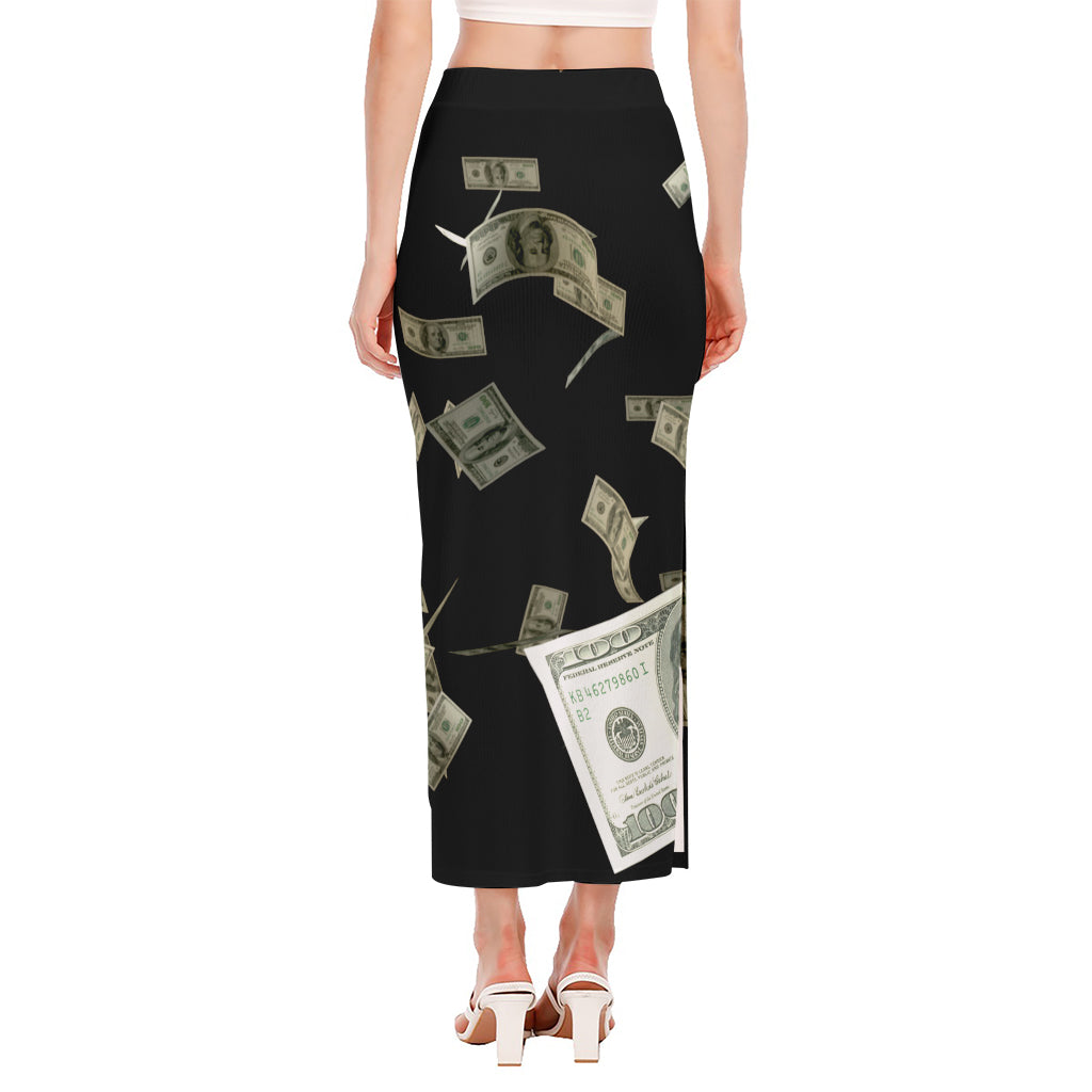 Flying US Dollar Print Side Slit Maxi Skirt