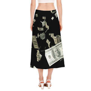 Flying US Dollar Print Side Slit Midi Skirt