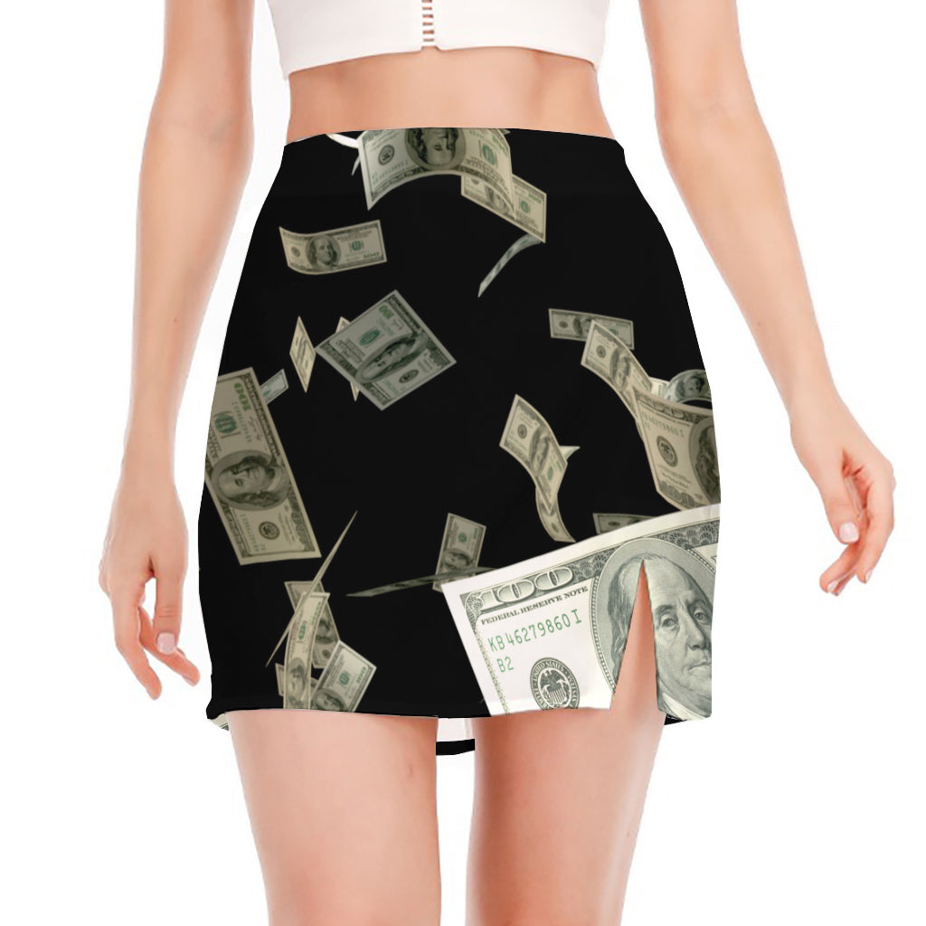 Flying US Dollar Print Side Slit Mini Skirt