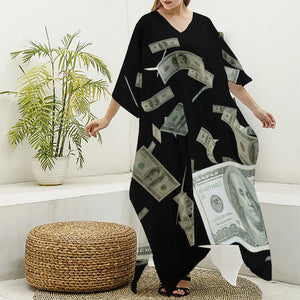 Flying US Dollar Print Silk V-Neck Kaftan Dress