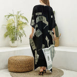 Flying US Dollar Print Silk V-Neck Kaftan Dress