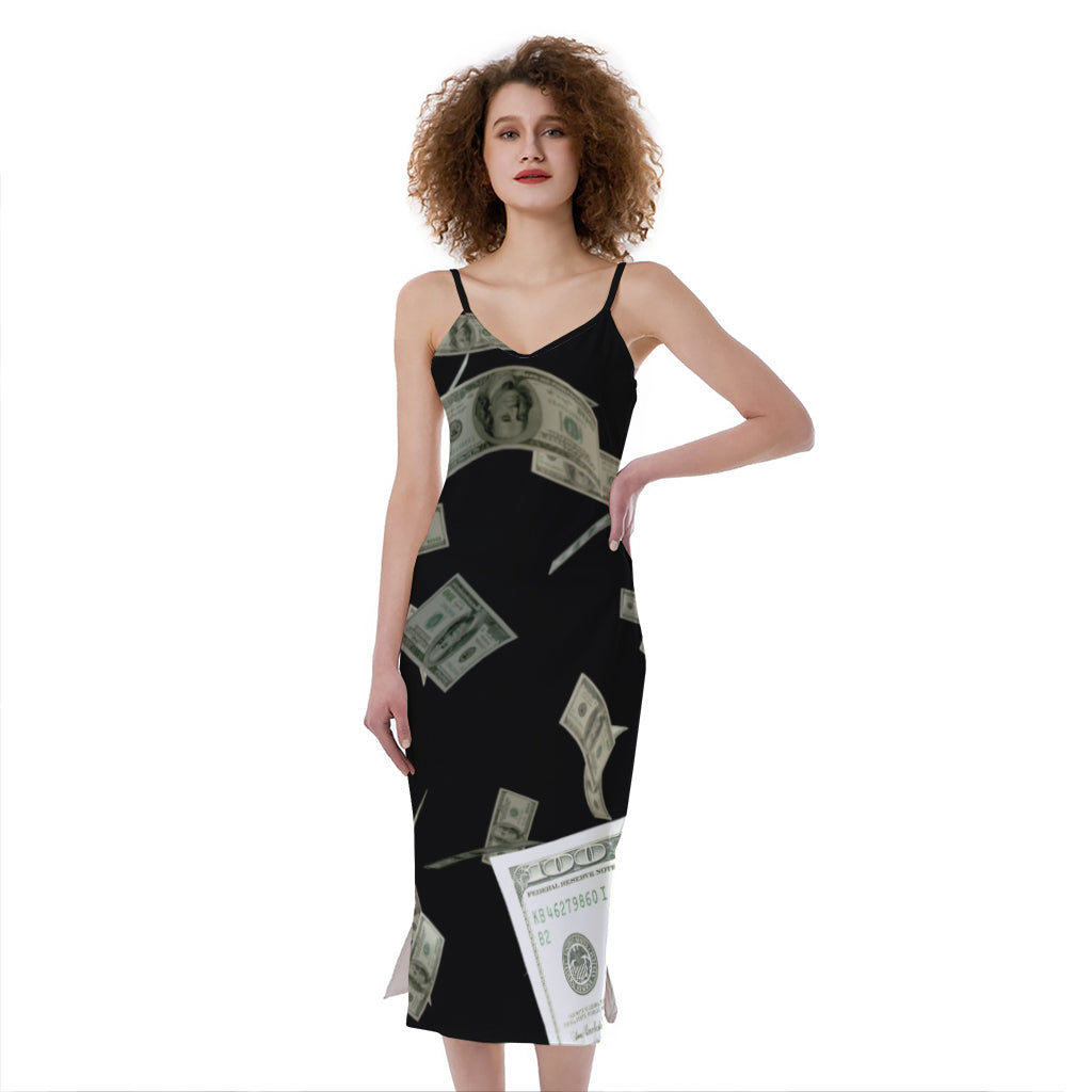 Flying US Dollar Print Slim Fit Midi Cami Dress