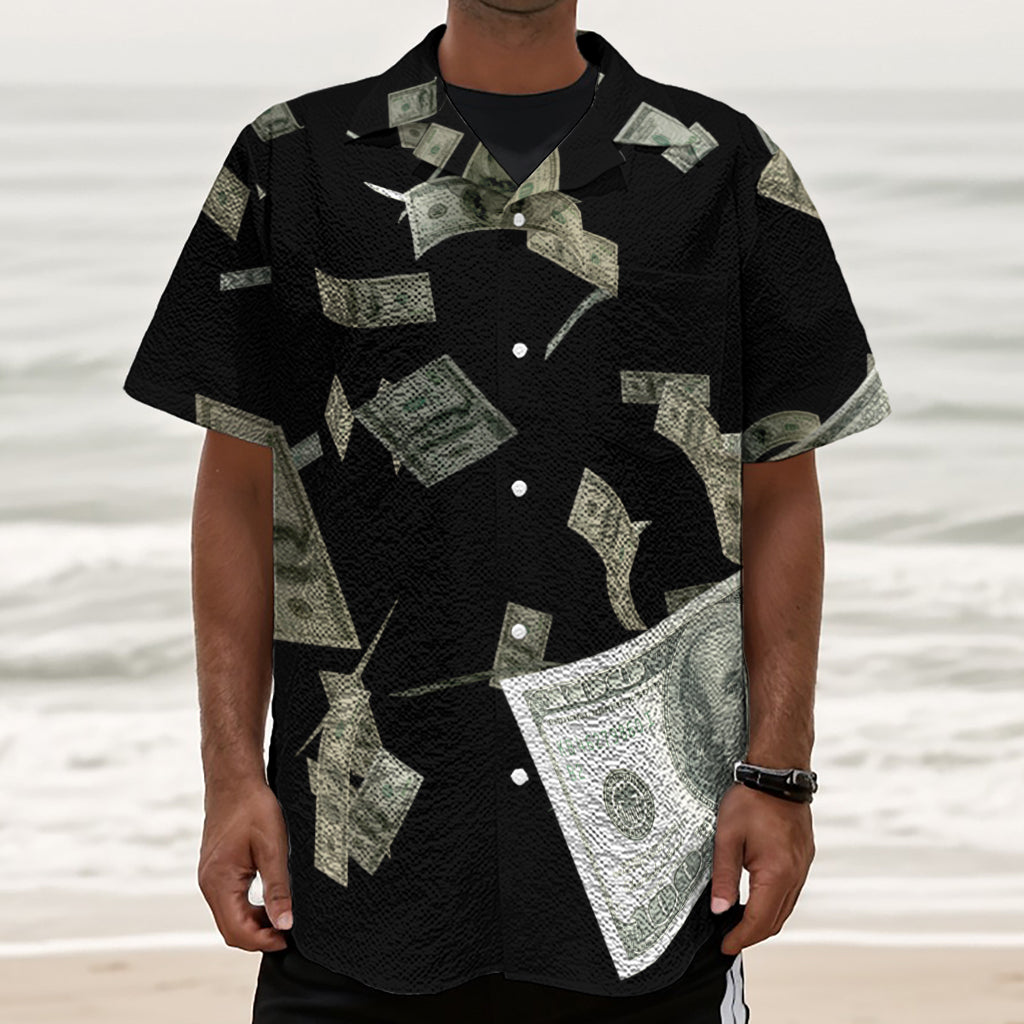 Flying US Dollar Print Textured Short Sleeve Shirt