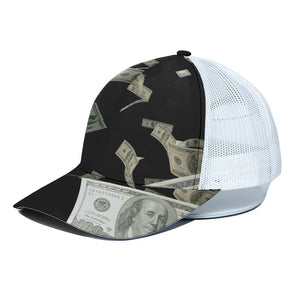 Flying US Dollar Print White Mesh Trucker Cap