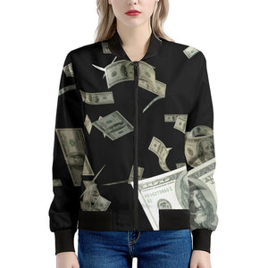 Flying US Dollar Print Women's Bomber Jacket