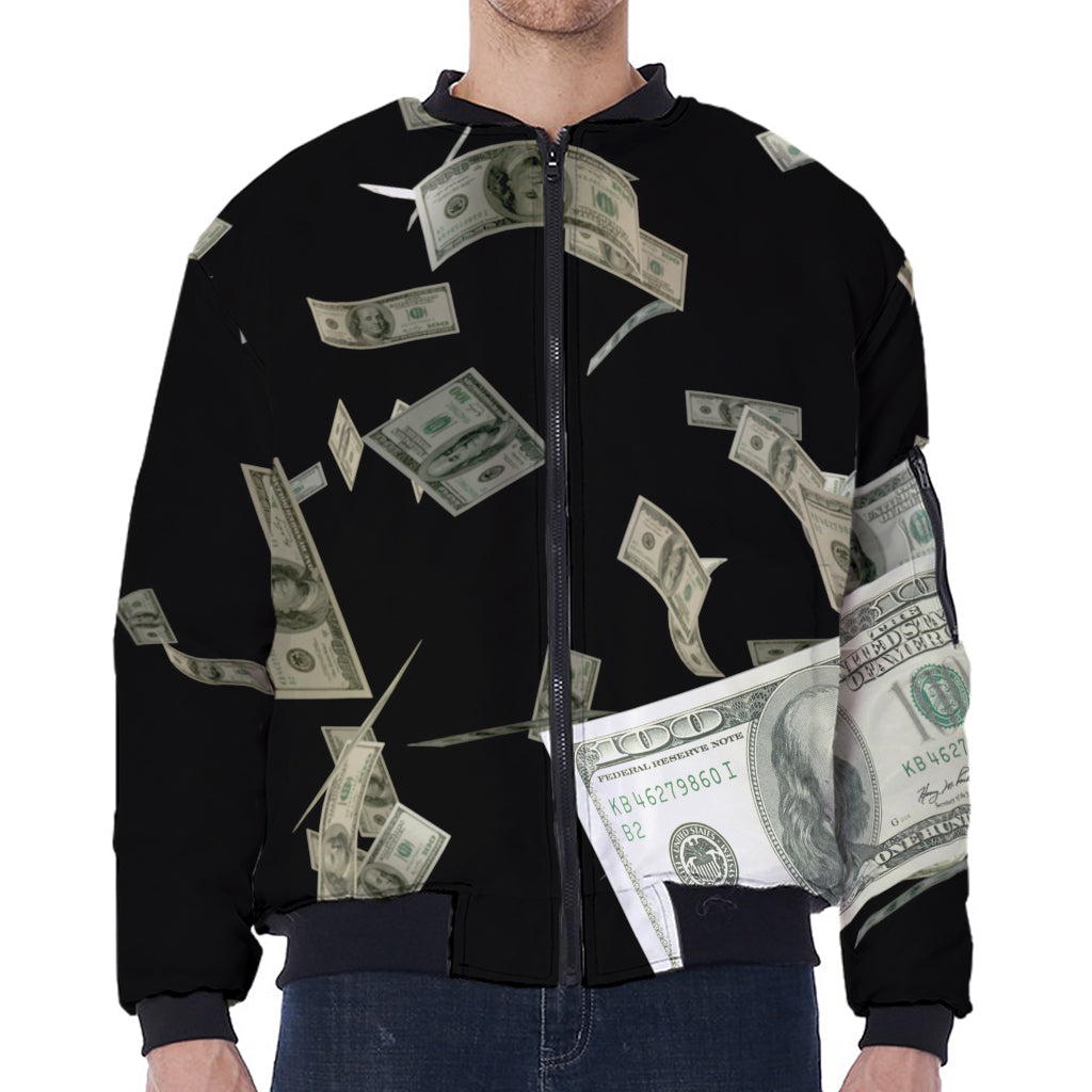 Flying US Dollar Print Zip Sleeve Bomber Jacket