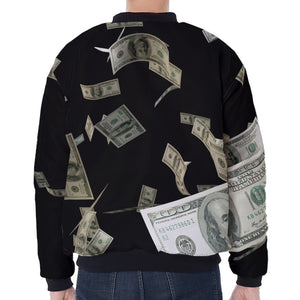 Flying US Dollar Print Zip Sleeve Bomber Jacket