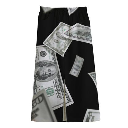 Flying USD Print Cotton Front Slit Maxi Skirt