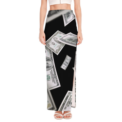 Flying USD Print High Slit Maxi Skirt