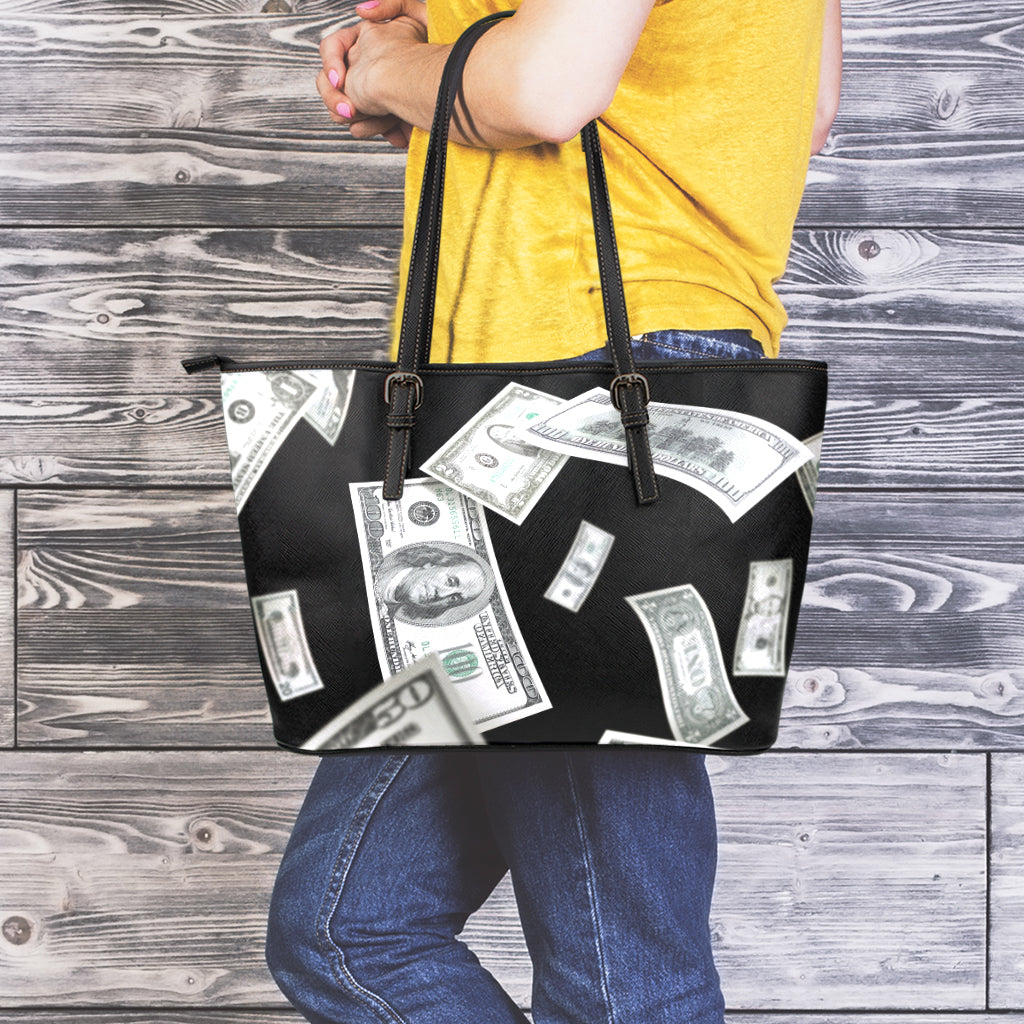 Flying USD Print Leather Tote Bag
