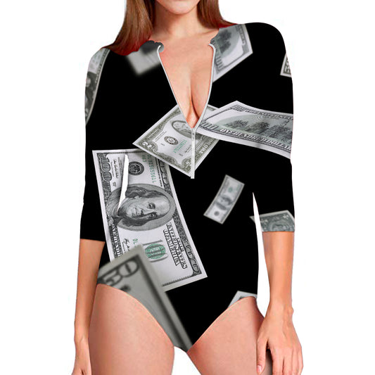 Flying USD Print Long Sleeve Swimsuit