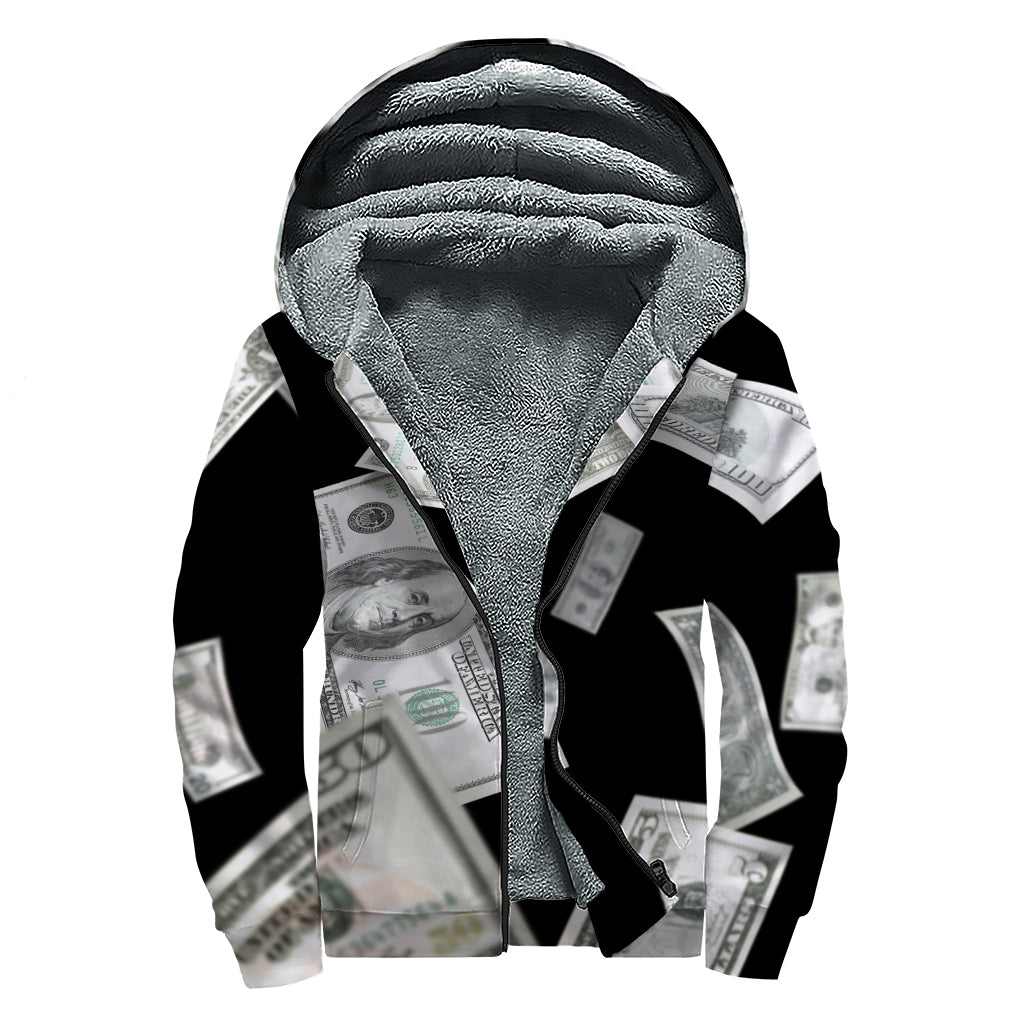Flying USD Print Sherpa Lined Zip Up Hoodie