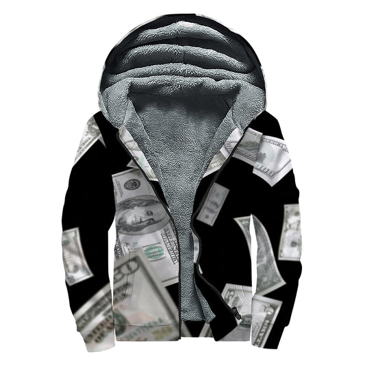 Flying USD Print Sherpa Lined Zip Up Hoodie