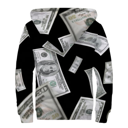 Flying USD Print Sherpa Lined Zip Up Hoodie