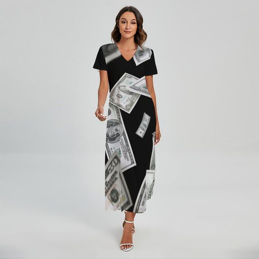Flying USD Print Short Sleeve Maxi Dress