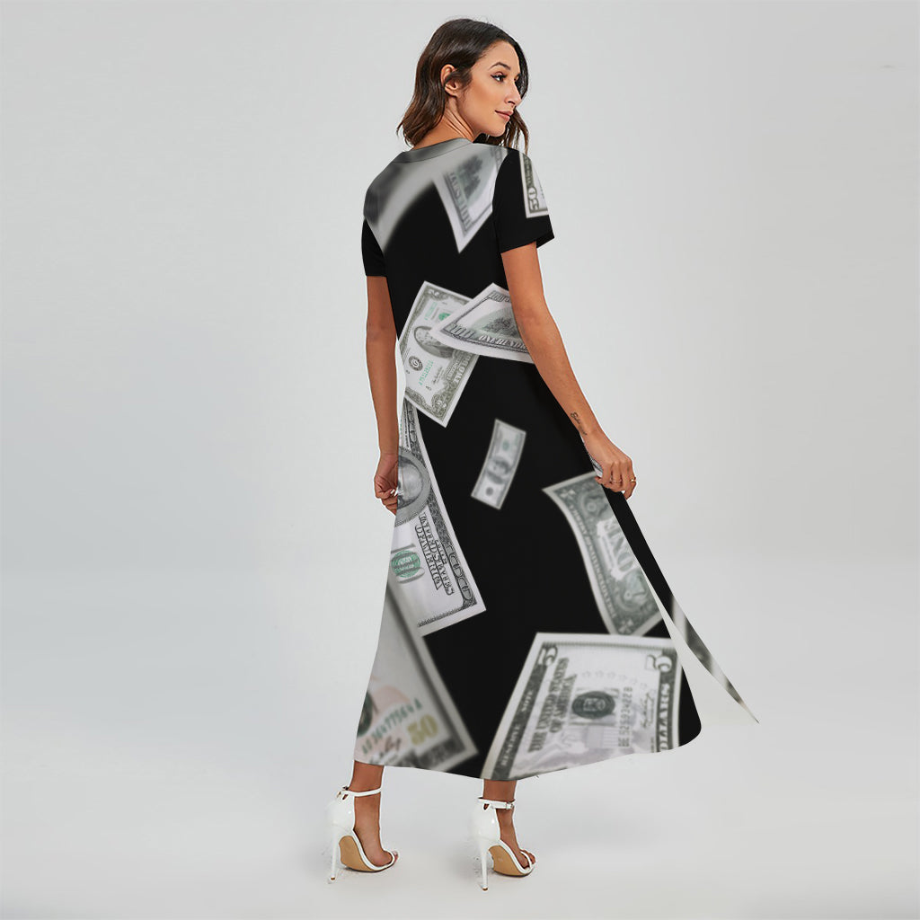 Flying USD Print Short Sleeve Maxi Dress