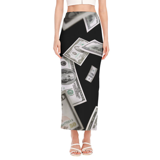 Flying USD Print Side Slit Maxi Skirt
