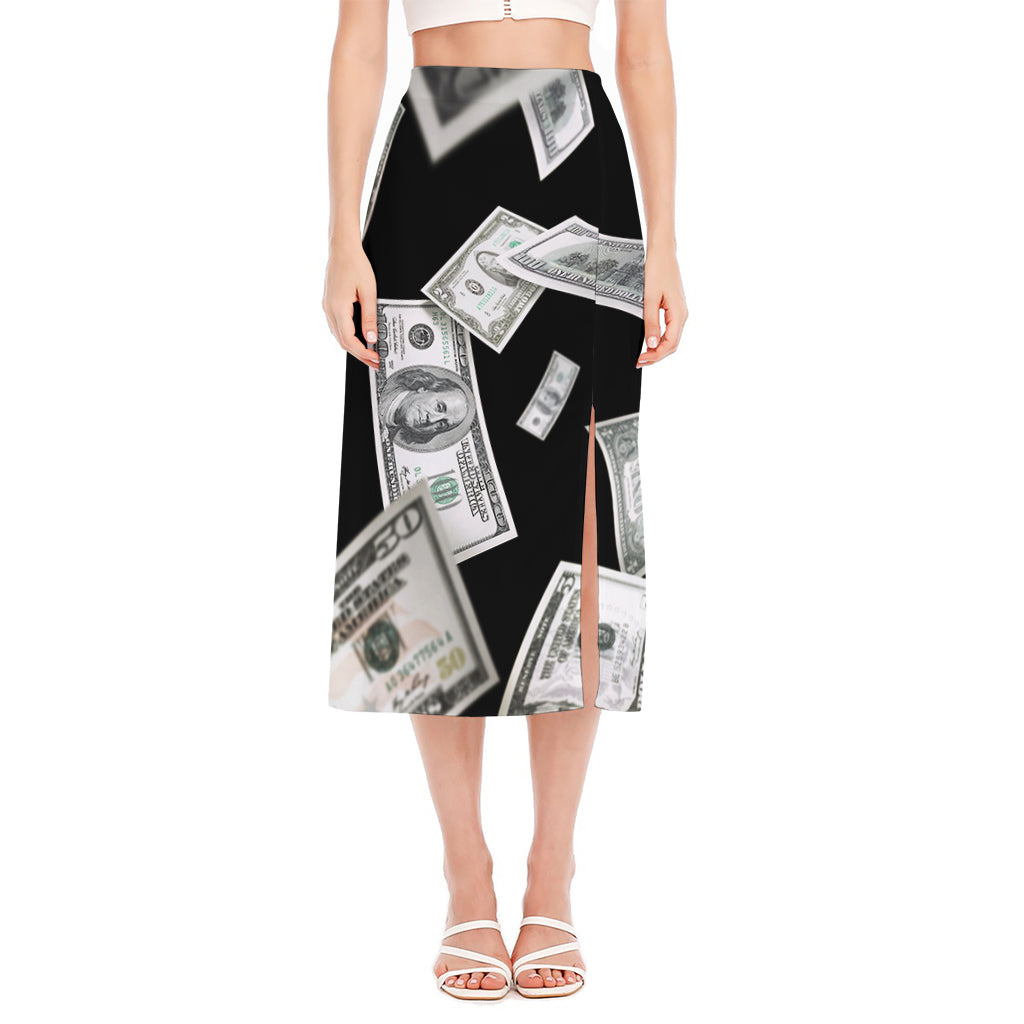 Flying USD Print Side Slit Midi Skirt