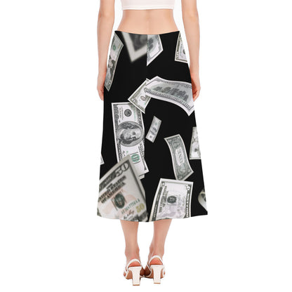Flying USD Print Side Slit Midi Skirt