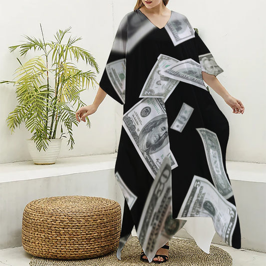 Flying USD Print Silk V-Neck Kaftan Dress