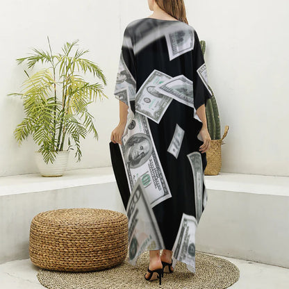 Flying USD Print Silk V-Neck Kaftan Dress