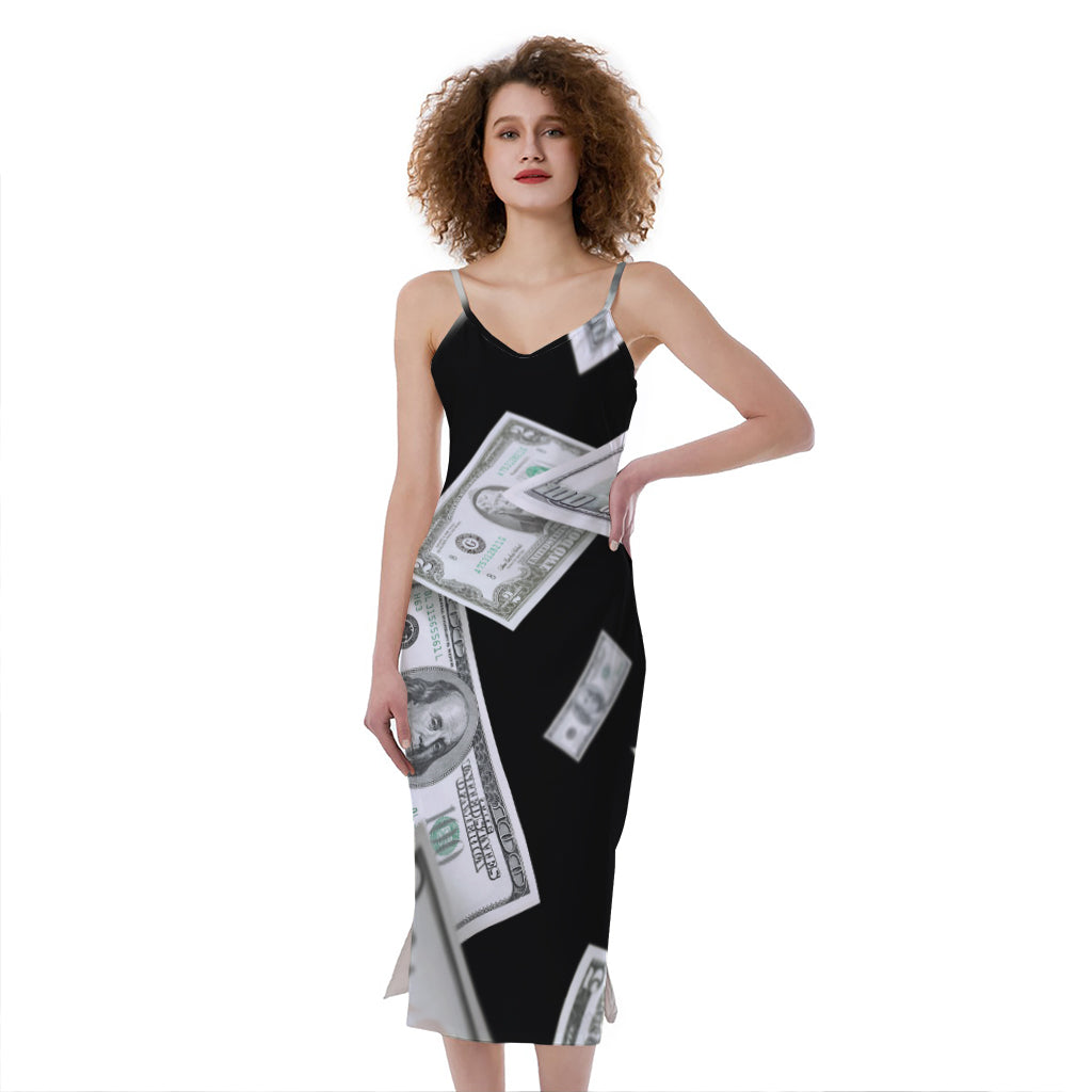 Flying USD Print Slim Fit Midi Cami Dress