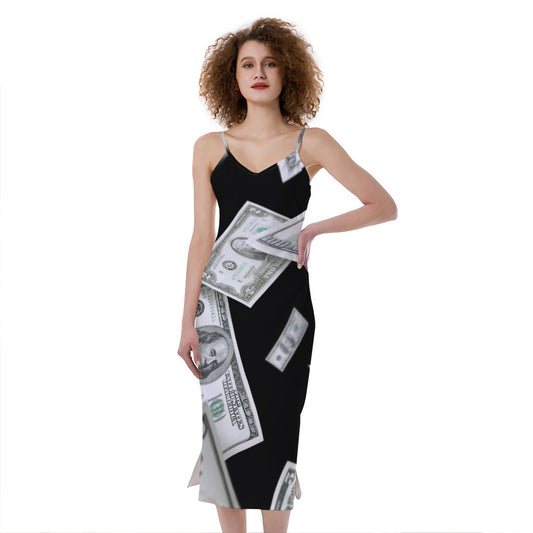 Flying USD Print Slim Fit Midi Cami Dress