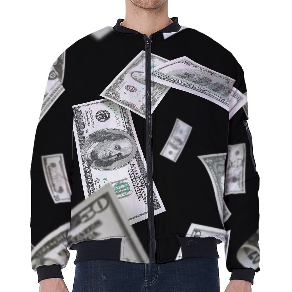 Flying USD Print Zip Sleeve Bomber Jacket