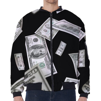 Flying USD Print Zip Sleeve Bomber Jacket
