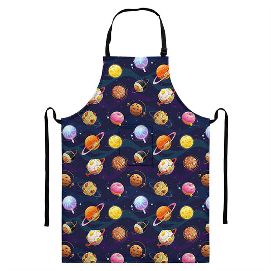 Food Planets Pattern Print Bib Apron With Pocket