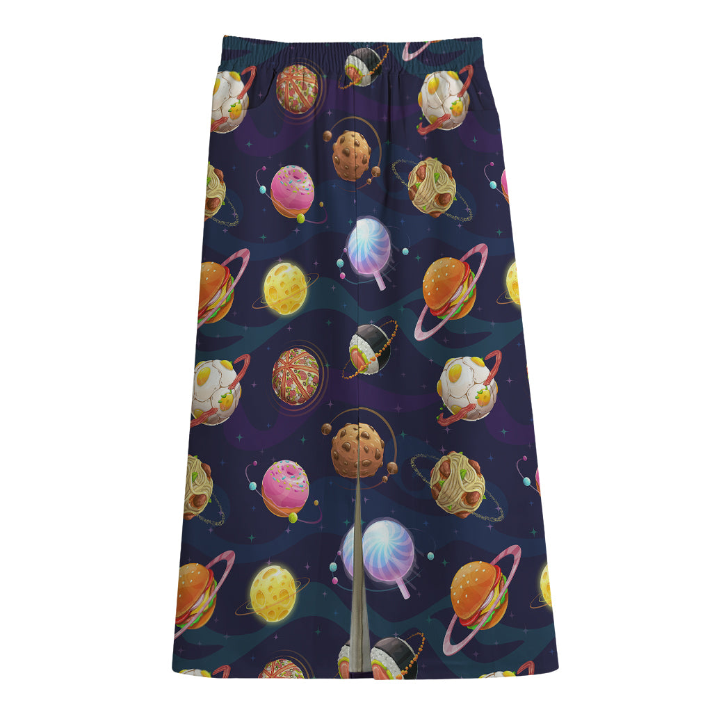 Food Planets Pattern Print Cotton Front Slit Maxi Skirt