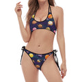 Food Planets Pattern Print Halter Scoop Tie Side Bikini